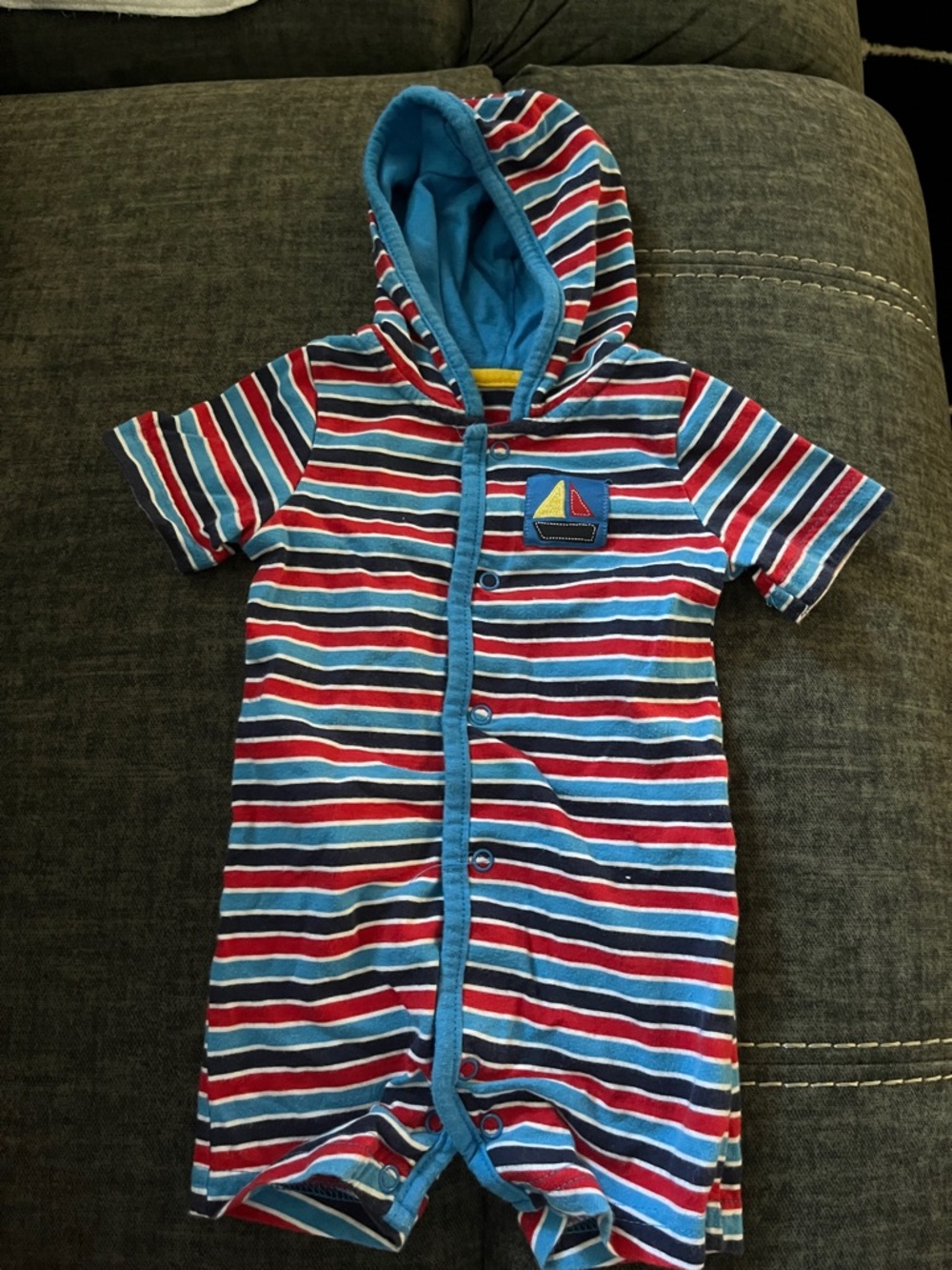 okie dokie Red, Blue & White Striped Hooded One-Piece